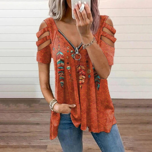 Wisherryy Cutout Feather Print Long Sleeve T-Shirt