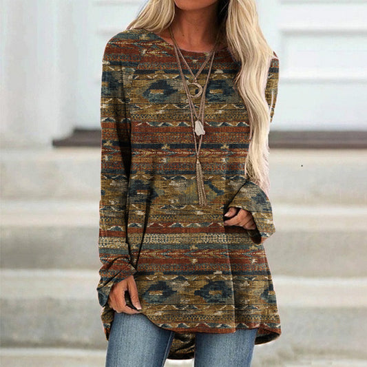 Western Print Long Sleeve Casual Tunic