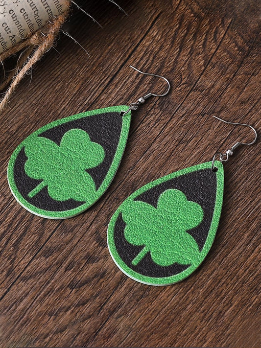 Green Clover Earrings Double Sided PU Leather Drop Earrings