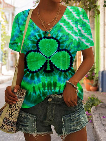 Women's Tie Dye Shamrock Print V Neck T-shirt