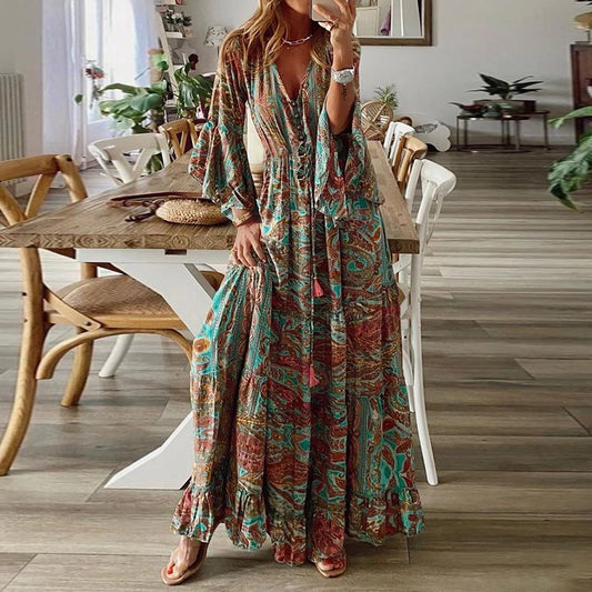 Women‘s�?Boho Floral Pattern Flared Sleeve Maxi Dress