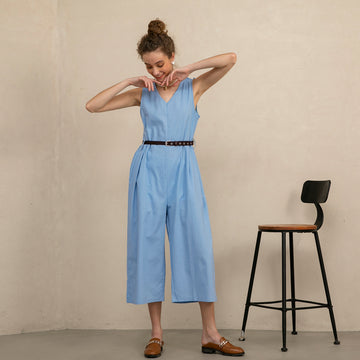 Women's Sleeveless V-Neck Cotton Linen Jumpsuit