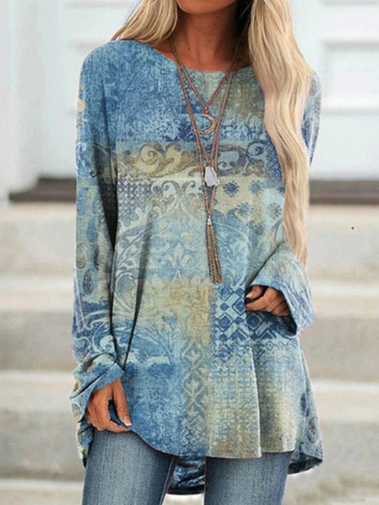 Vintage Print Crew Neck Long Sleeve Tunic