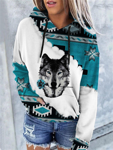 Wolf Graphic Western Aztec Print Hoodie