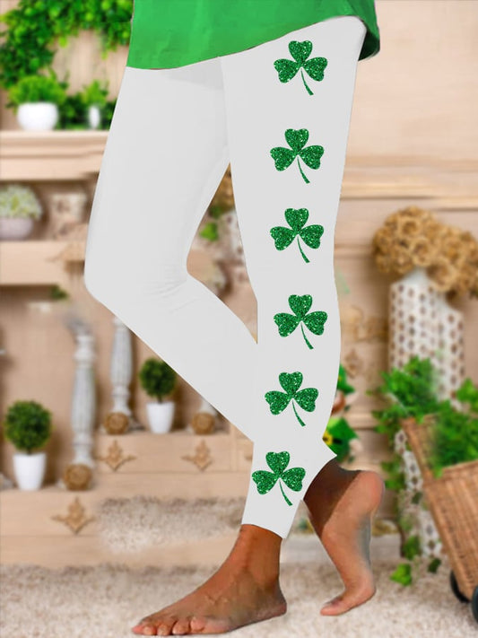 Women's St. Patrick's Day Glitter Lucky Shamrock Print Stretch Leggings