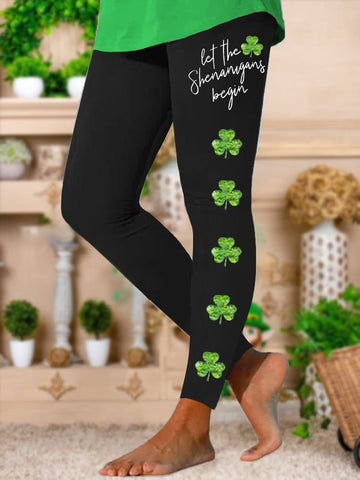 Women's St. Patrick's Day Let The Shenanigans Begin Shamrock Print Stretch Leggings