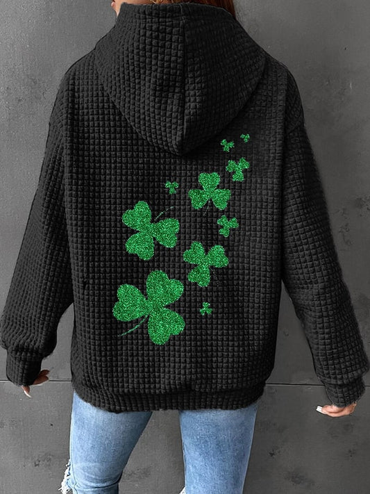 Women's St. Patrick's Shiny Clover Print Waffle Hooded Sweatshirt