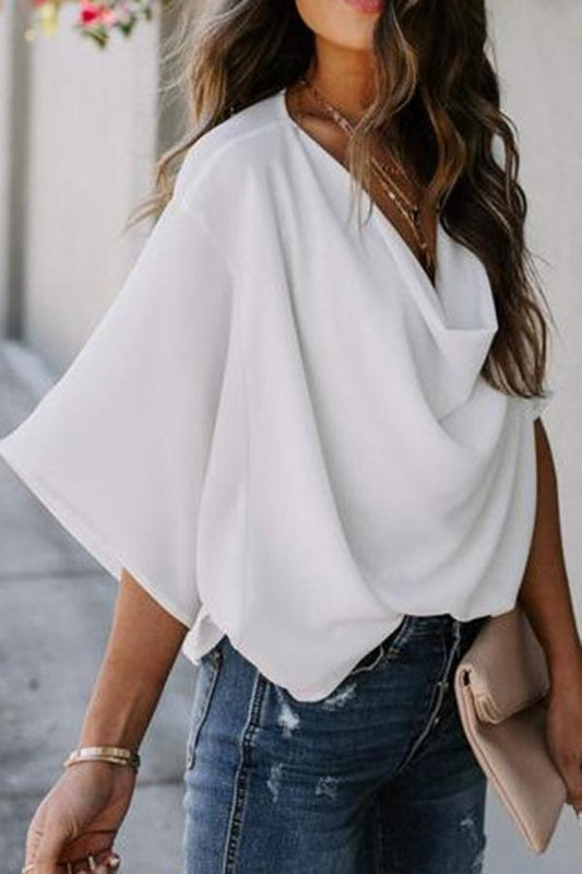 Solid Draped V-neck Half Sleeves Casual Blouse