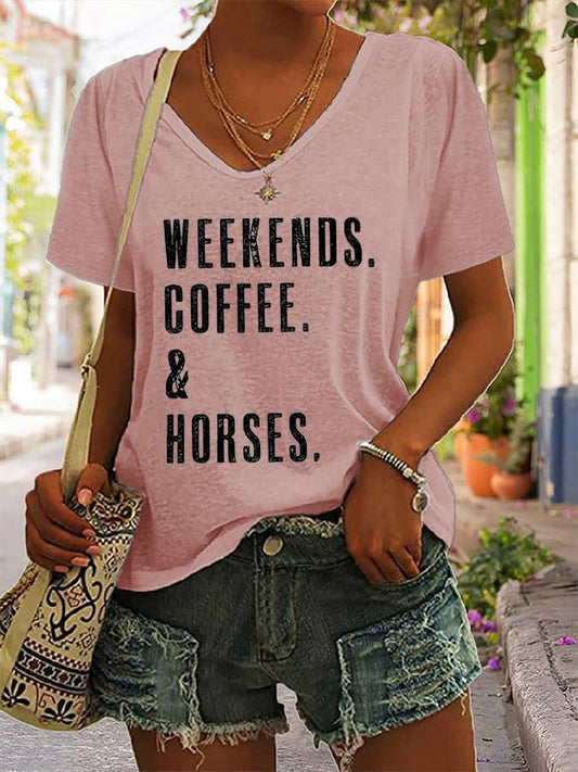 Women'sWestern Retro WEEKENDS. COFFEE. & Horses Horse Lover Printed Shirt