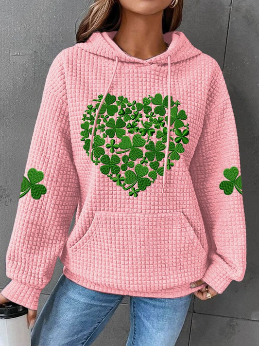 Women's St. Patrick's Day Love Shamrock Print Waffle Hooded Sweatshirt