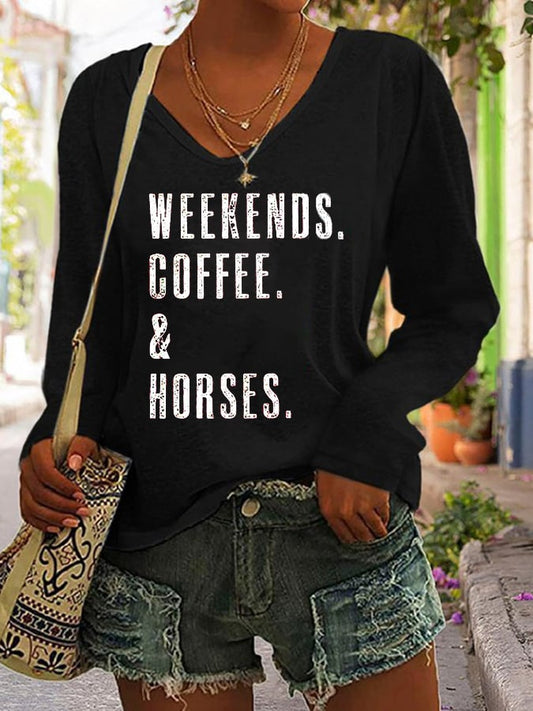 Women's Western Retro WEEKENDS. COFFEE. & Horses Horse Lover Casual Long-Sleeve T-Shirt