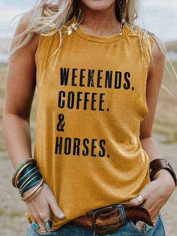 Women's Western Retro WEEKENDS. COFFEE. & Horses Horse Lover Print Tank Top