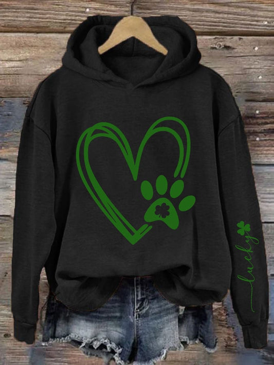 Women's St. Patrick's Day Shamrock Dog Paw Print Hooded Sweatshirt