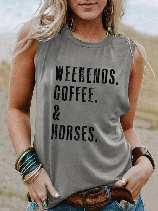 Women's Western Retro WEEKENDS. COFFEE. & Horses Horse Lover Print Tank Top