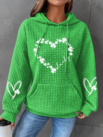 Women's Lucky Shamrock St. Patrick's Day Print Checkered Casual Hoodie