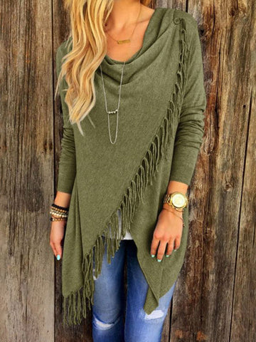 Wisherryy Solid Color Casual Fringe Long Sleeve T-Shirt