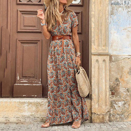 Wisherryy Short Sleeve V-Neck Print Maxi Dress