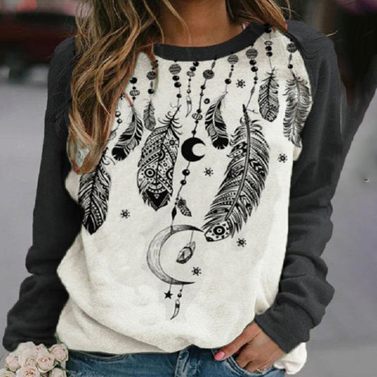 Casual Western Feather Print Sweatshirt