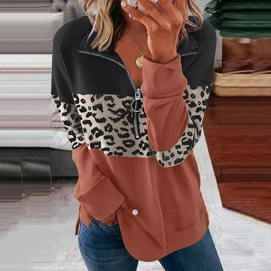 Leopard Panel V-Neck Long Sleeve Sweatshirt