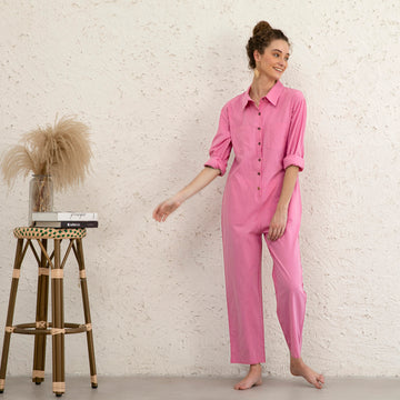 Casual lapel pocket long sleeve solid color cotton jumpsuit