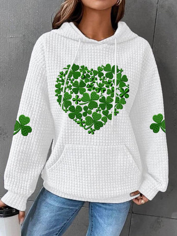 Women's St. Patrick's Day Love Shamrock Print Waffle Hooded Sweatshirt