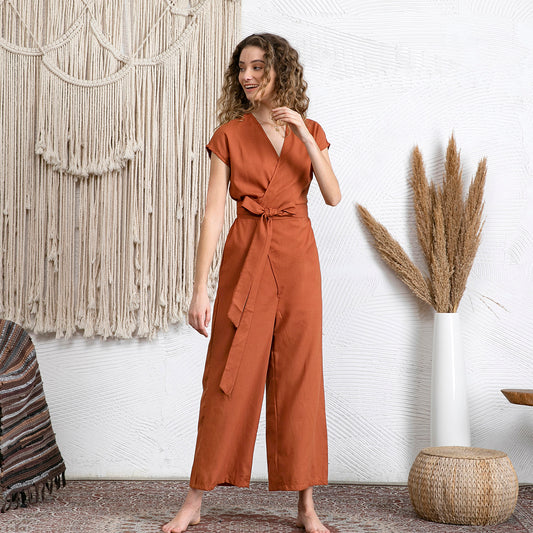 Vintage Wide Leg Linen Wrap Jumpsuit