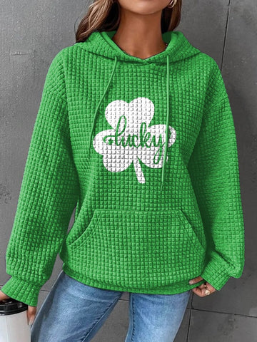 Women's Lucky Shamrock St. Patrick's Day Print Checkered Casual Hoodie