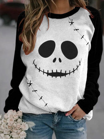 Women's Halloween Funny Skull Emoticon Print Sweatshirt