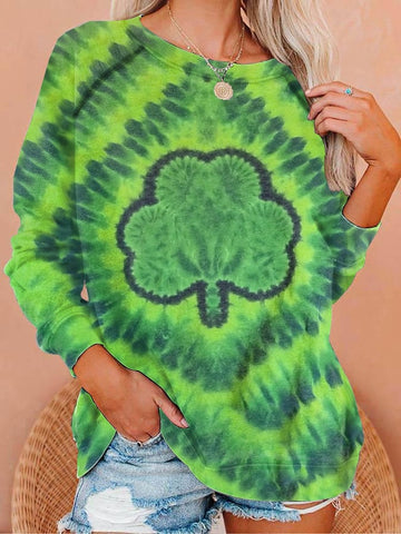 Women's Tie Dye Shamrock Print Round Neck Sweatshirt