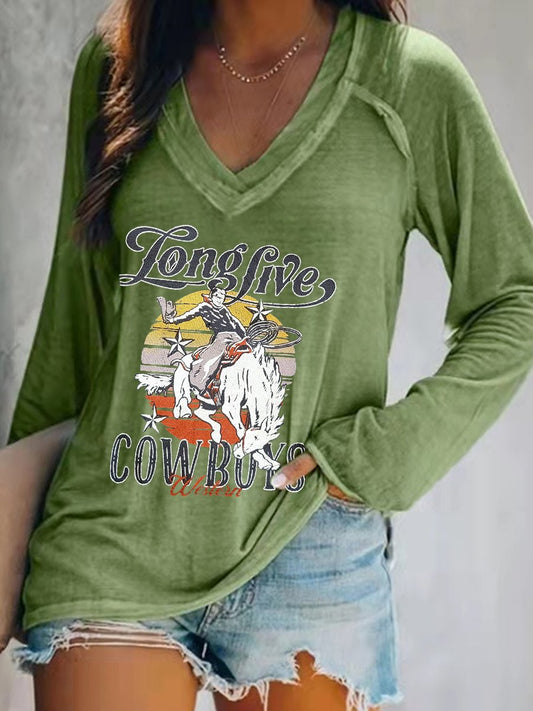 Women's Vintage Western Long Live Cowgirls Print Top