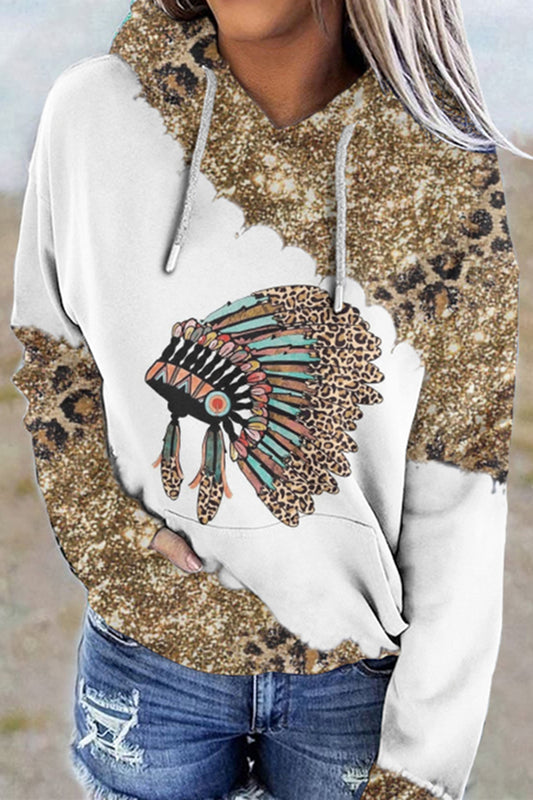 Western Vintage Leopard Print Long Sleeve Casual Hoodie