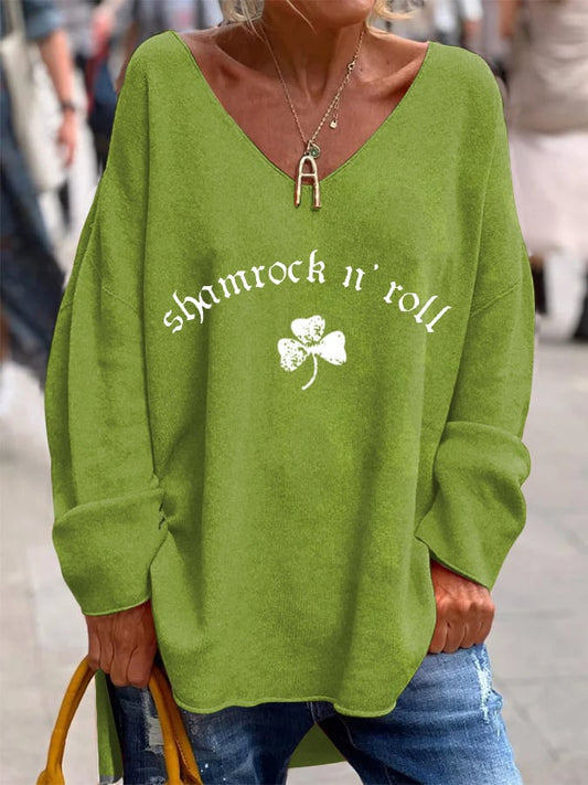 Women's St. Patrick's Day Shamrock n Roll  Shamrock Print V-Neck Long Sleeve Top