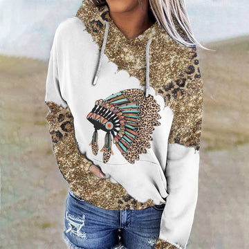 Western Vintage Leopard Print Long Sleeve Casual Hoodie