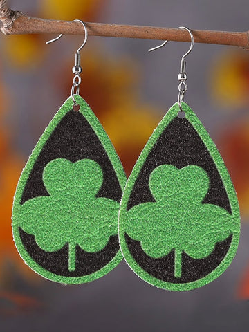 Green Clover Earrings Double Sided PU Leather Drop Earrings