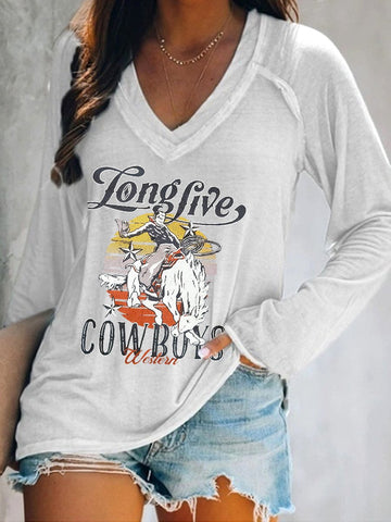 Women's Vintage Western Long Live Cowgirls Print Top