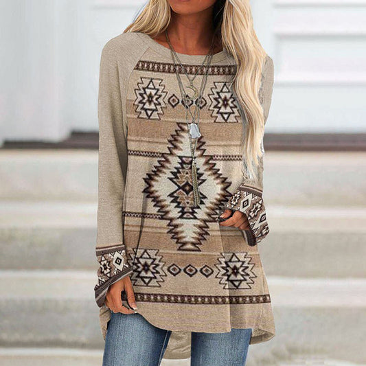 Western Print Paneled Crew Neck Tunic