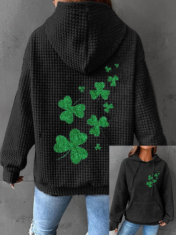 Women's St. Patrick's Shiny Clover Print Waffle Hooded Sweatshirt