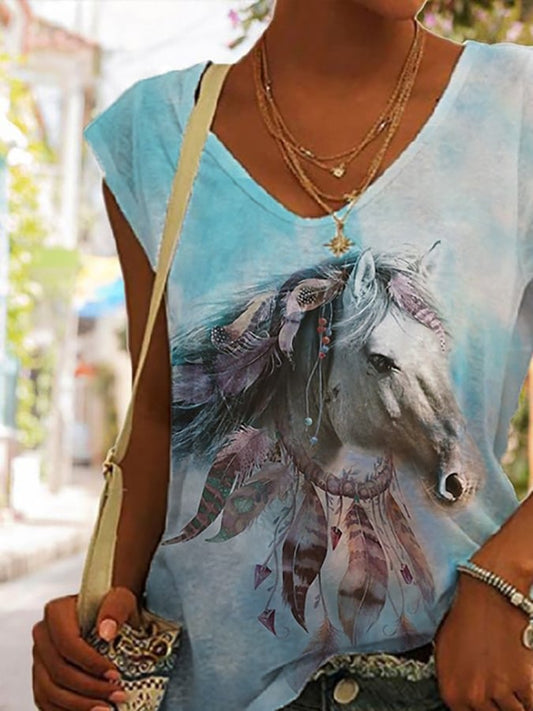 Dream Horse Vintage Print V-Neck Casual Tank Top