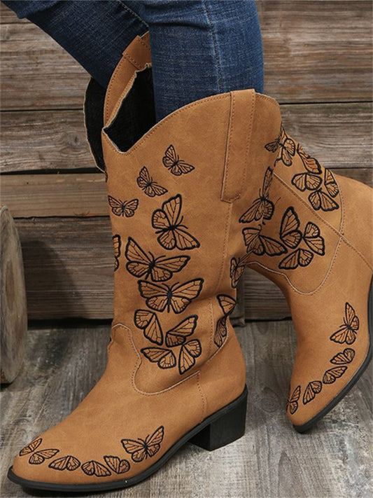 Butterflies Embroidered Wide Calf Boots