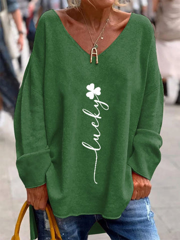 Women'sSt. Patrick's Day Lucky Shamrock Printed V-Neck Long Sleeve Top