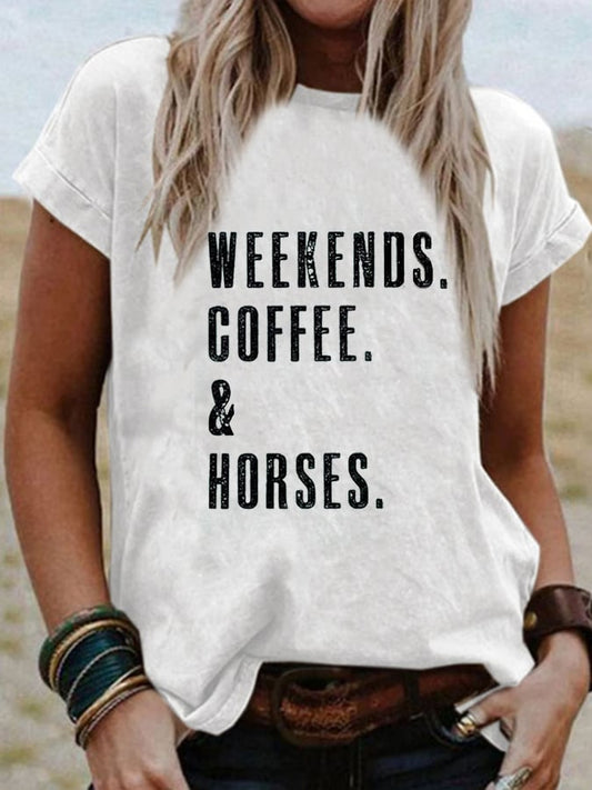 Women's Western Retro WEEKENDS COFFEE&HORSES Print Casual Tee