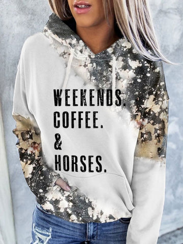 Women's Ethnic Western WEEKENDS. COFFEE. & Horses Horse Lover Print Casual Hoodie