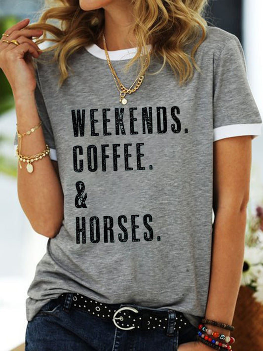 Women's WEEKENDS. COFFEE. & Horses Horse Lover Western CowBoys Print Tee