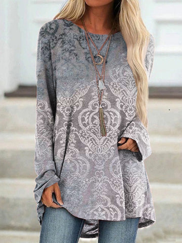 Vintage Print Long Sleeve Casual Tunic