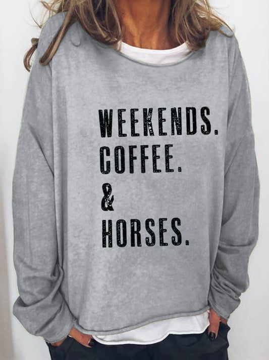 Women's WESTERN STYLE WEEKENDS. COFFEE. & Horses Horse Lover Printed Casual Sweater