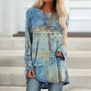 Vintage Print Crew Neck Long Sleeve Tunic