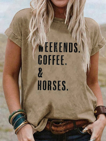 Women's Western Retro WEEKENDS COFFEE&HORSES Print Casual Tee