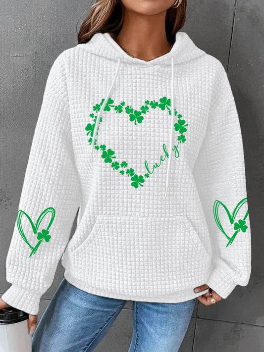 Women's Lucky Shamrock St. Patrick's Day Print Checkered Casual Hoodie