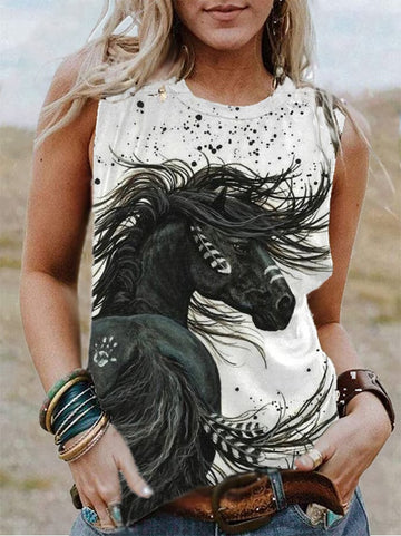 Western Horse Print Casual Tank Top