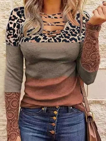 Leopard Print Lace Panel Striped Casual T-Shirt